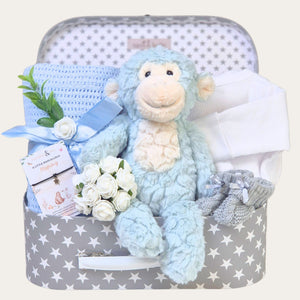 Baby boy gifts hamper with blue monkey soft toy, blanket and other presents Bumbles & Boo.  