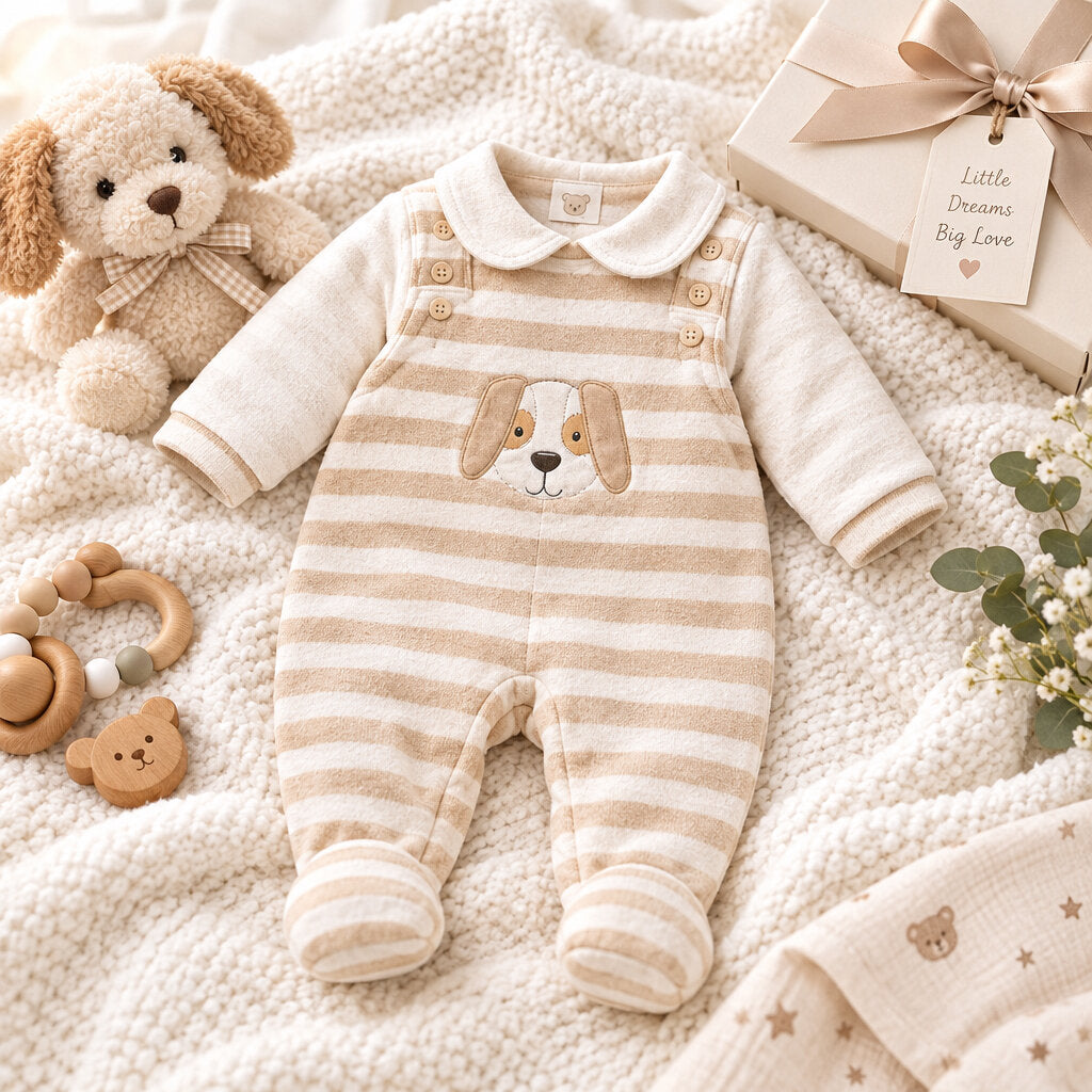 Closed toe baby boy clothing outfit with an embroidered puppy motif and closed toes
