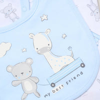 Baby boy blue bear and giraffe 5 piece clothing set with sleepsuit, bib, hat and mittens