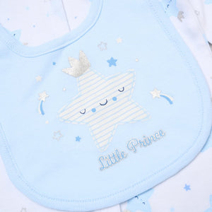 Baby bib with star design and 'Little Prince' text on a light blue background