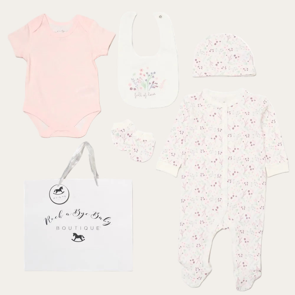 Baby girl pink floral 5 piece clothing set with sleepsuit, bib, hat and mittens