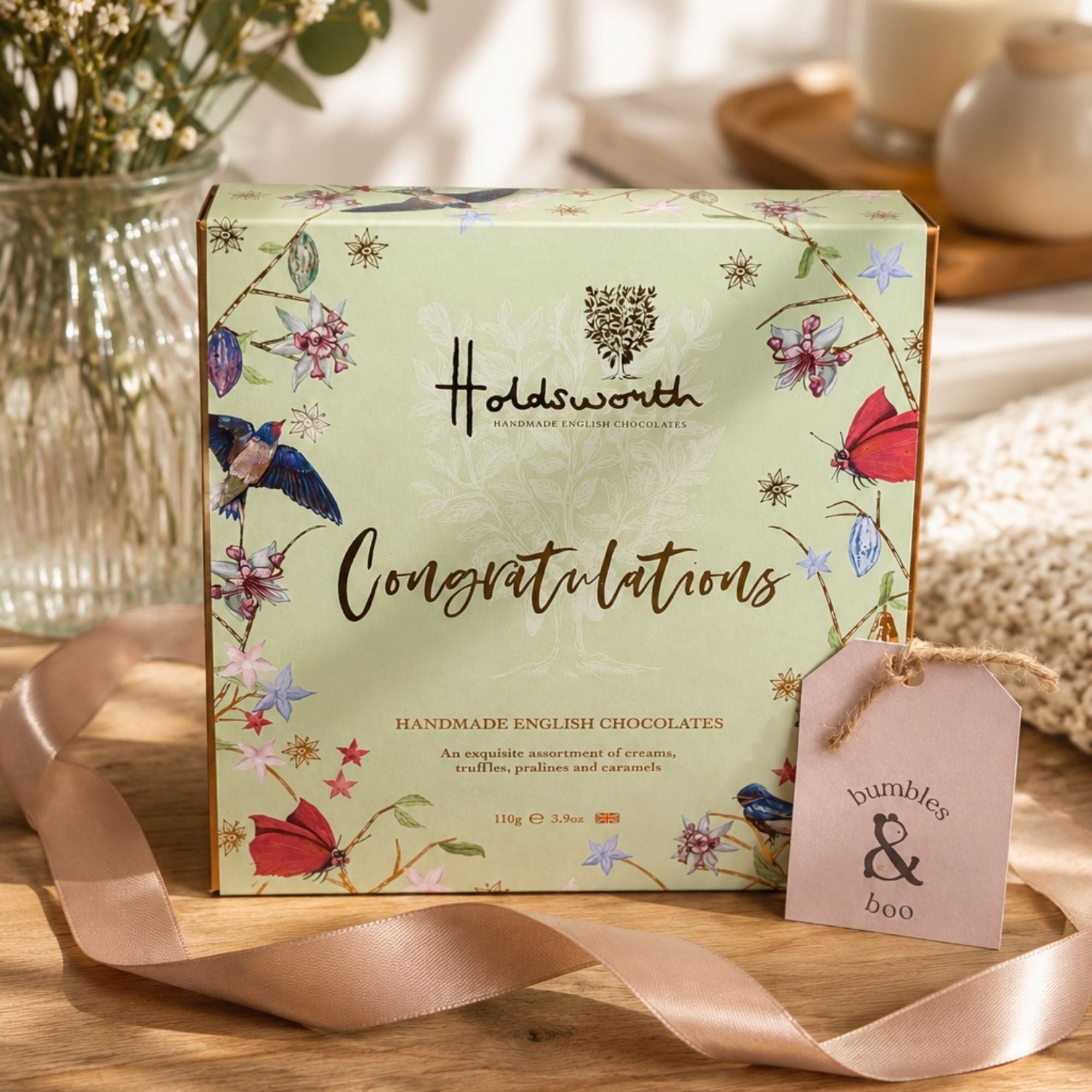 congratulations chocolates in a green box, handmade english chocolates