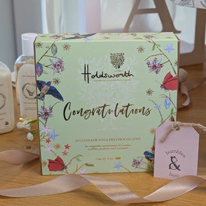 congratulations chocolates in a green box, handmade english chocolates