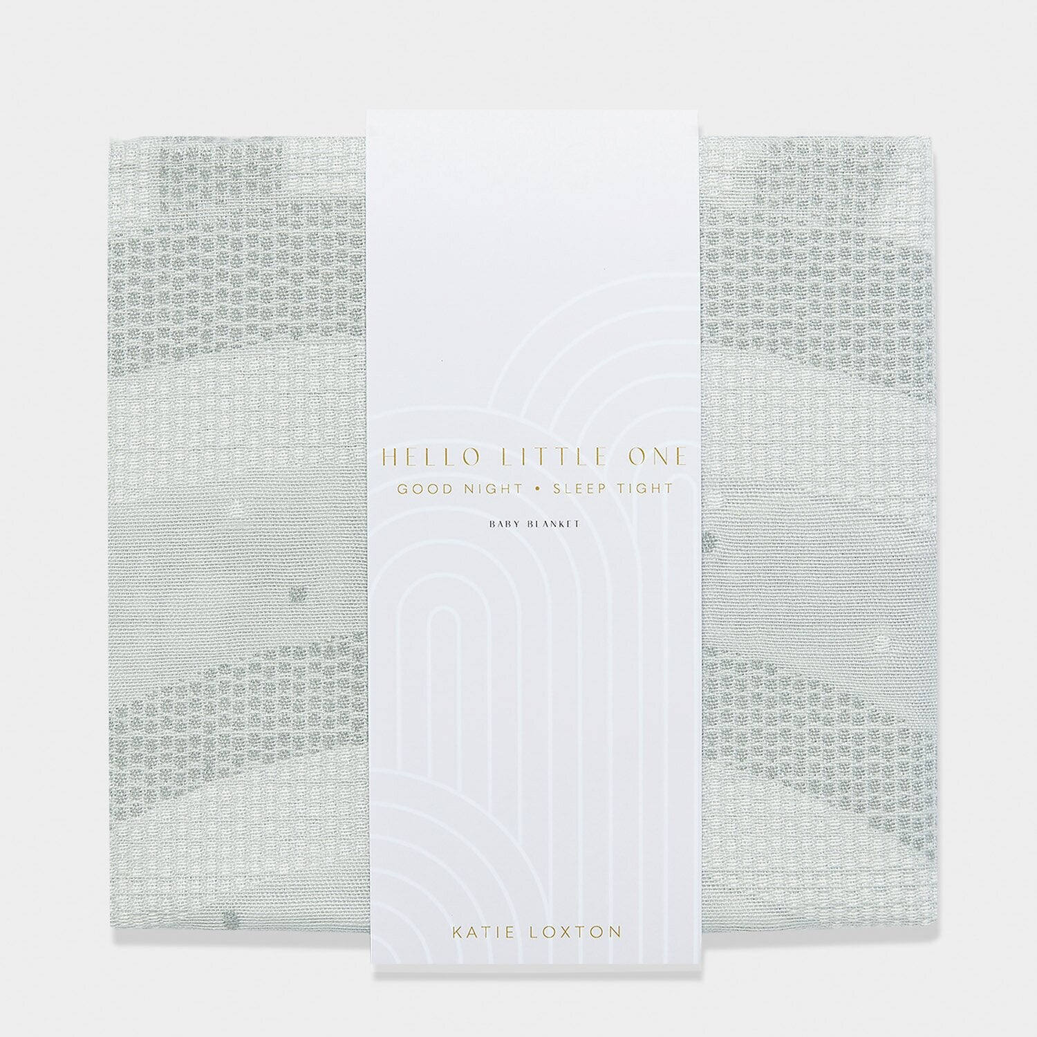 Katie Loxton cool grey baby blanket folded with printed sleeve packaging on top.