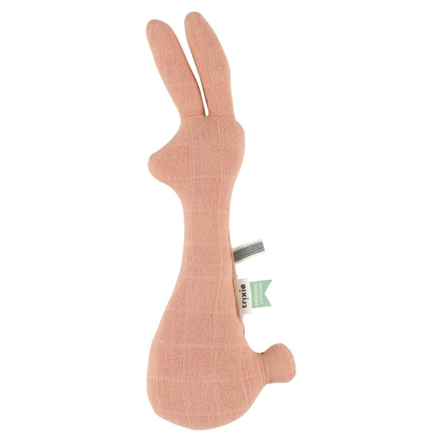 Your little one will love playing with the organic coral-colored bunny rattle! This classic baby gift makes a wonderful addition to any nursery, and it will make your child smile every time!