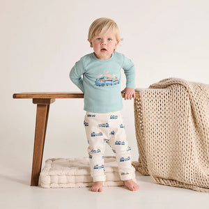 Cotton baby joggers with blue train print
