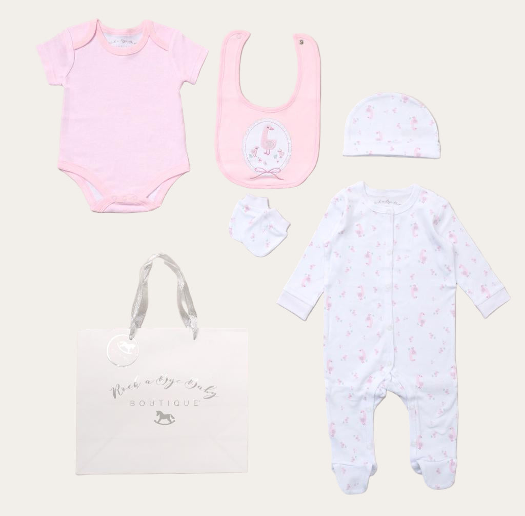 Five-Piece Goose Baby Outfit in Pink and White