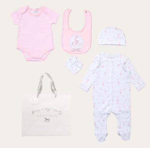 Five-Piece Goose Baby Outfit in Pink and White