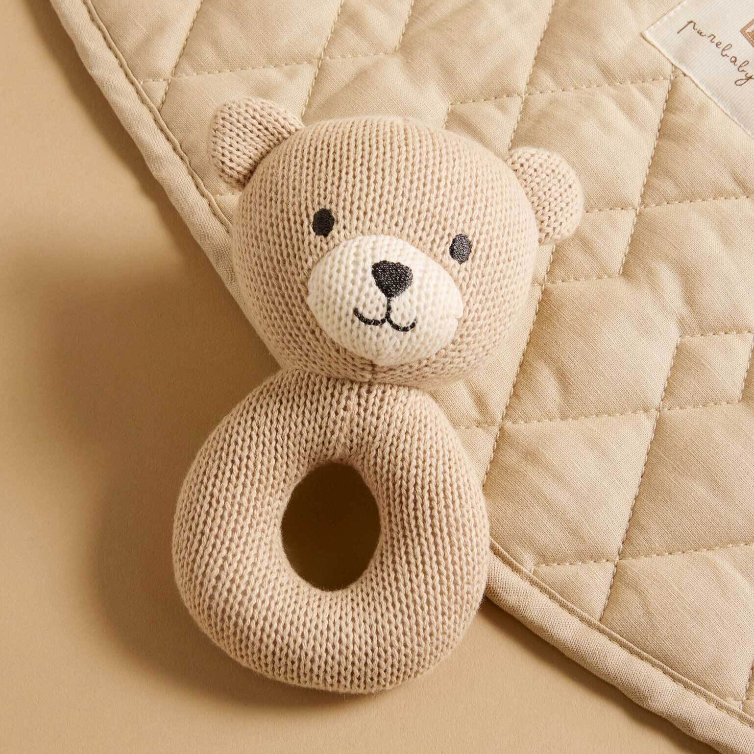 Cotton knit bear rattle for newborn babies