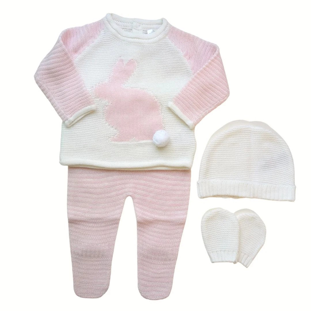 Pink and cream knit rabbit clothing set with jumper, trousers, hat and mittens