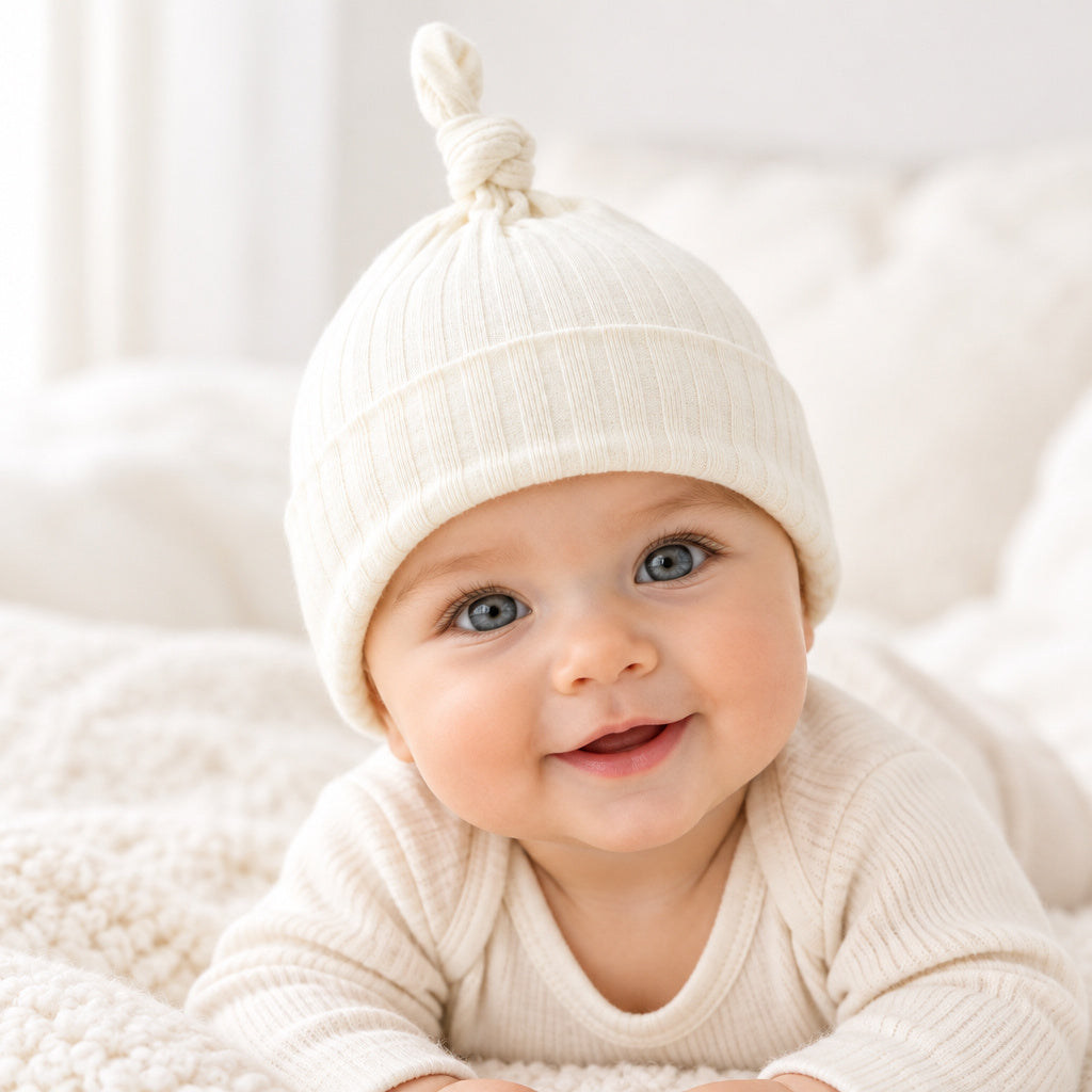 Marshmallow cream ribbed baby hat 0-6 months