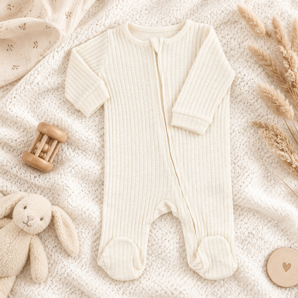 Marshmallow cream ribbed baby sleepsuit 0-3 months with zip fastening