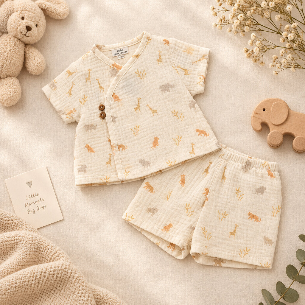 Cream baby boy 2 piece safari set in 100% high twist cotton