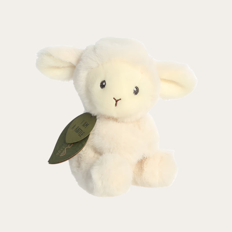 Cream plush baby rattle toy made from recycled materials