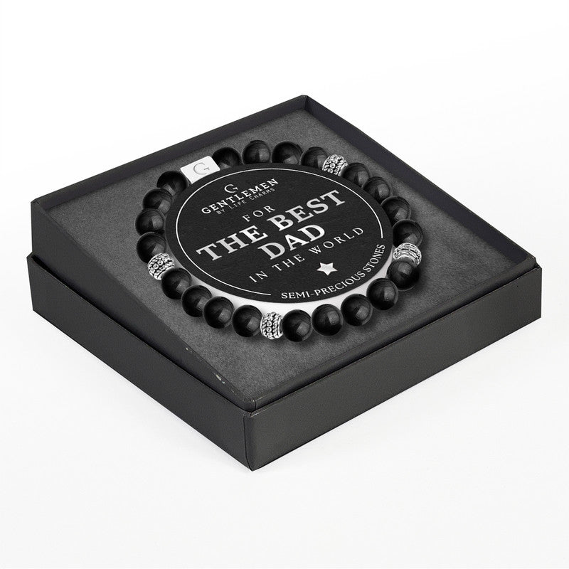 A black semi precious bracelet presented in a box with the sentiment wording &#39;For The Best Dad In The World&#39;