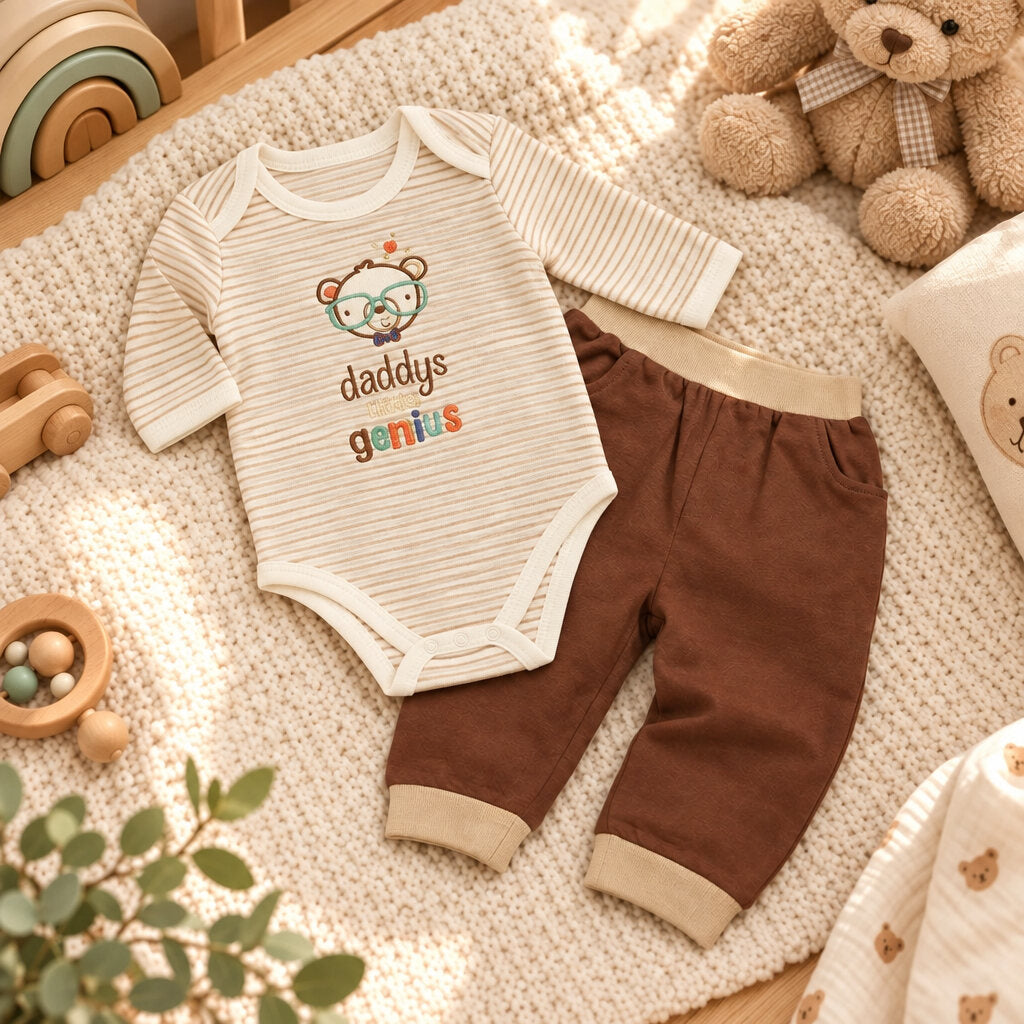 Cream and brown Daddy's Little Genius baby boy two piece outfit set