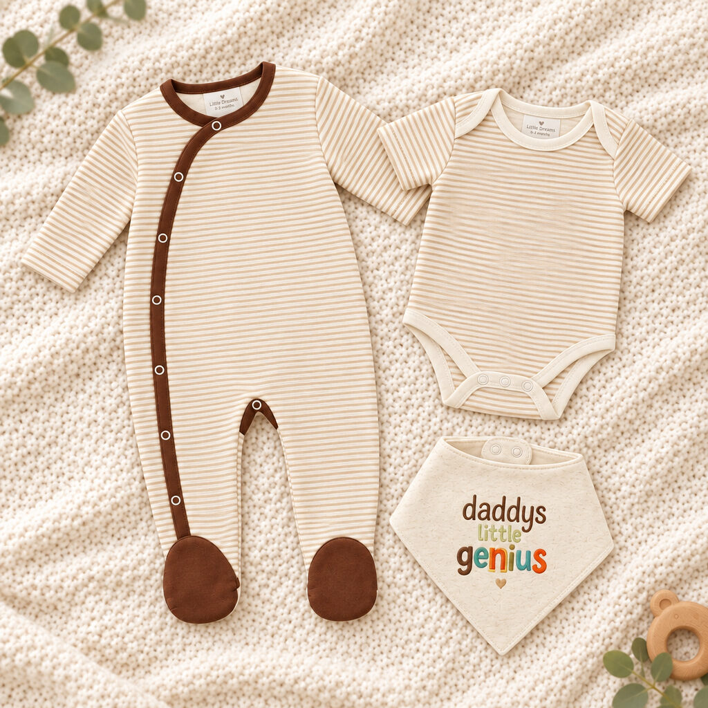 Cream and brown Daddy's Little Genius baby boy three piece outfit set