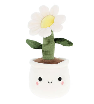 Plush toy resembling a potted plant with a smiling face on a white background