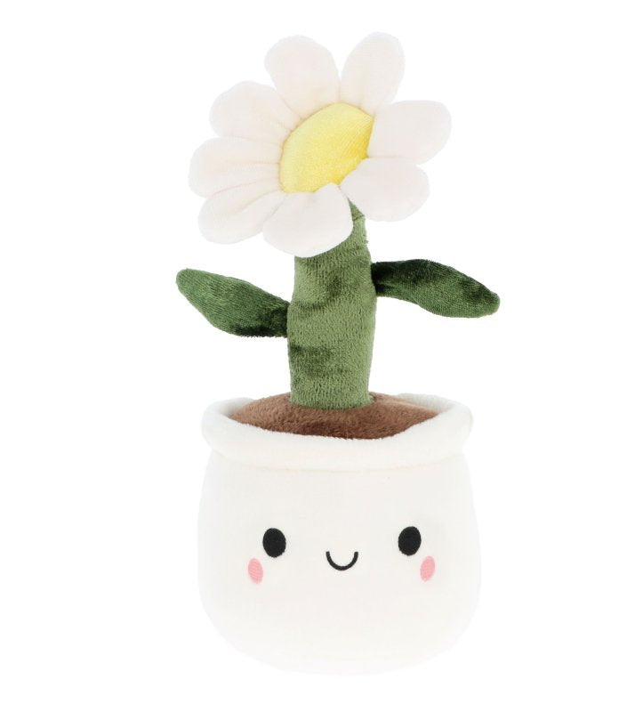 Plush toy resembling a potted plant with a smiling face on a white background