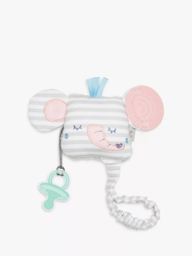 Grey striped elephant teething toy with pink accents