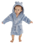 Soft plush dusky blue coloured baby boy dressing gown bath robe with cute teddy bear ears