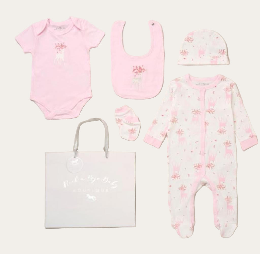 Deer Baby Girl Clothing Gift Set - 5 Piece White Pink