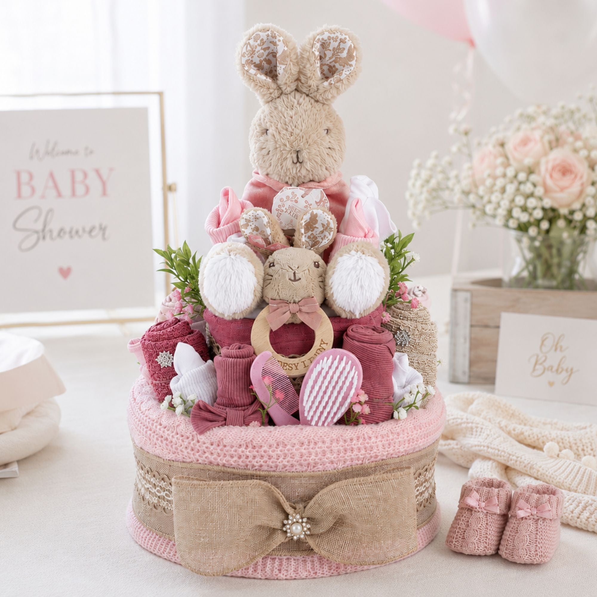 Pink nappy cake, 2 tiers with a bunny on top.