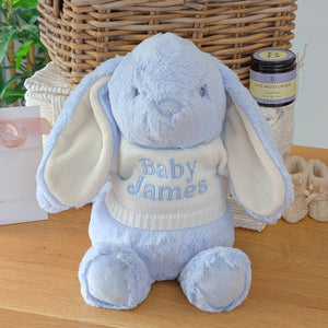 personalised blue bunny soft toy with a jumper