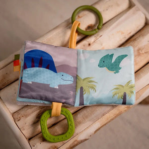 Dino Friends Baby Book open to colourful dinosaur illustrations with teething ring
