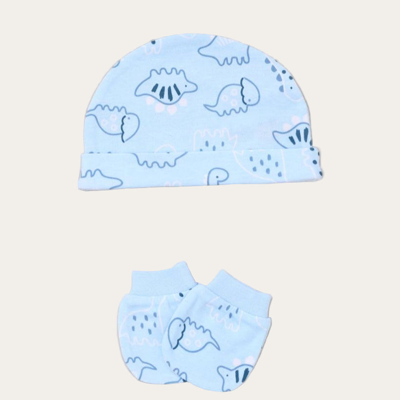 Baby hat and mittens in dinosaur design