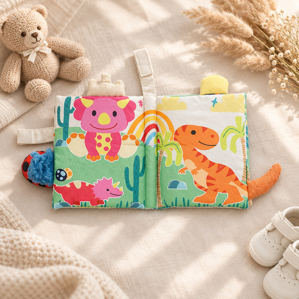 Soft dinosaur baby book showing illustrated cloth pages