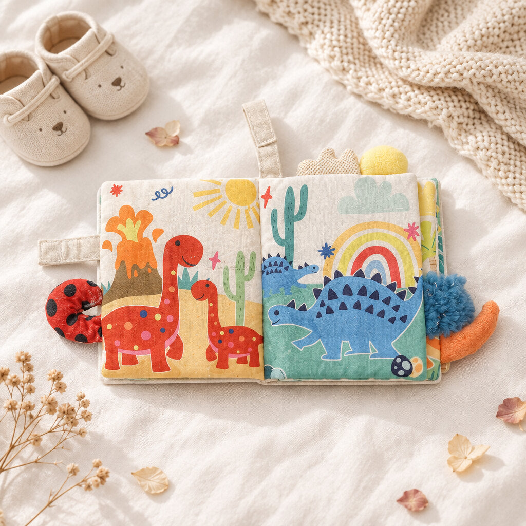 Dinosaur Fun cloth baby book open to colourful sensory pages