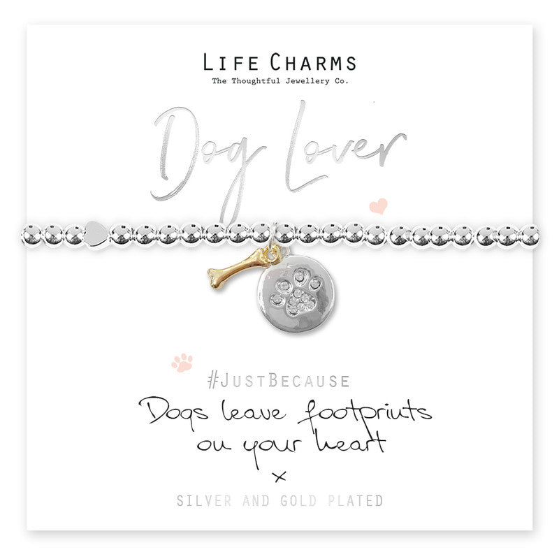 Dog lover sentiment silver plated bracelet with a par print and bone charm