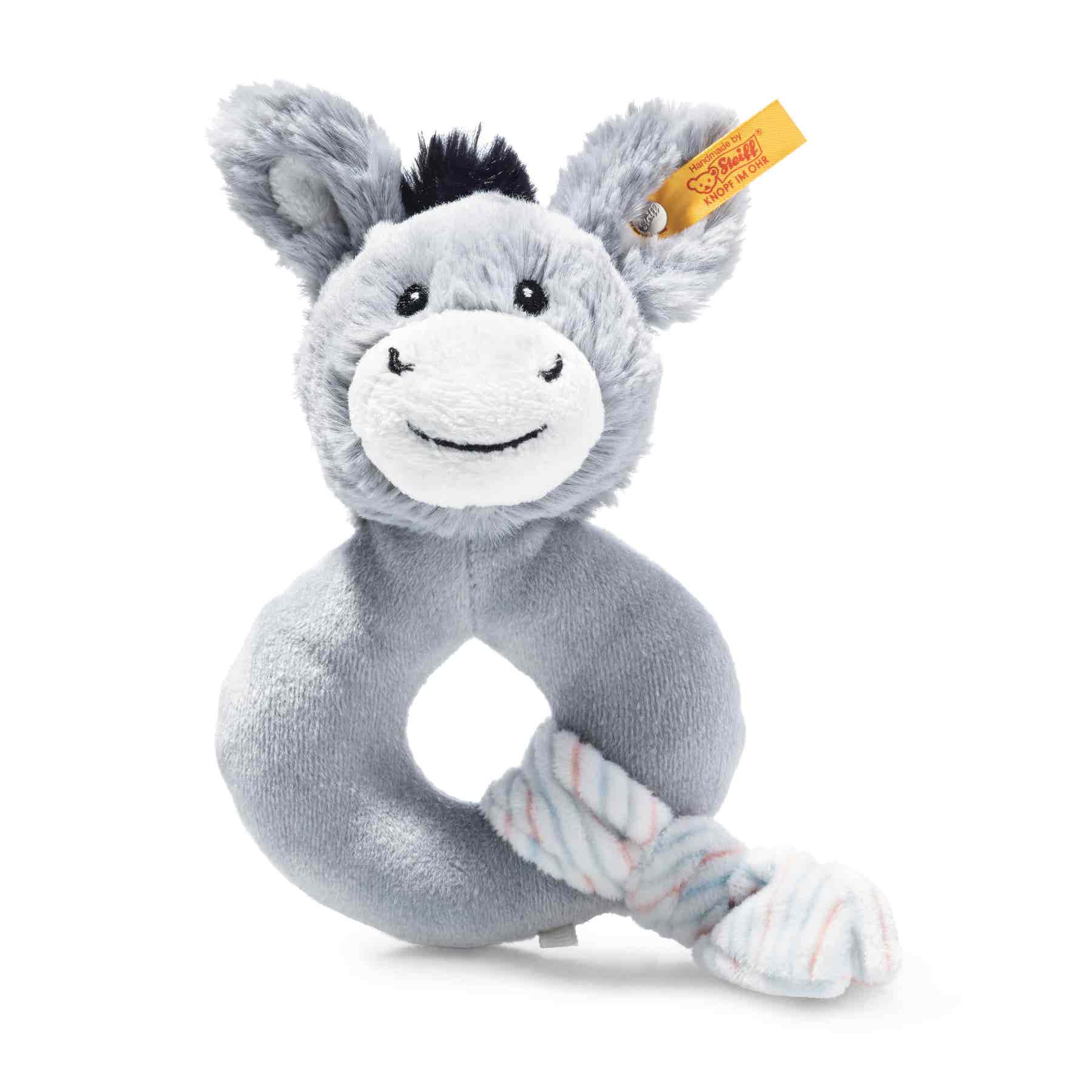 Soft grey ring rattle grip toy with donkey head by Steiff
