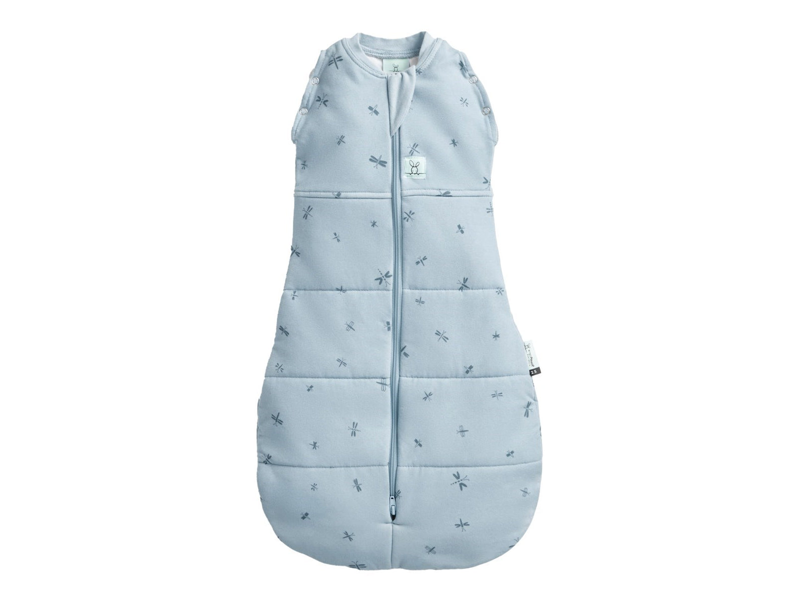 Blue 'cocoon swaddle' baby sleeping bag with dragonfly pattern
