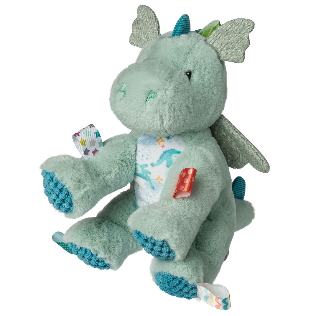 Pale green dragon soft toy with taggies