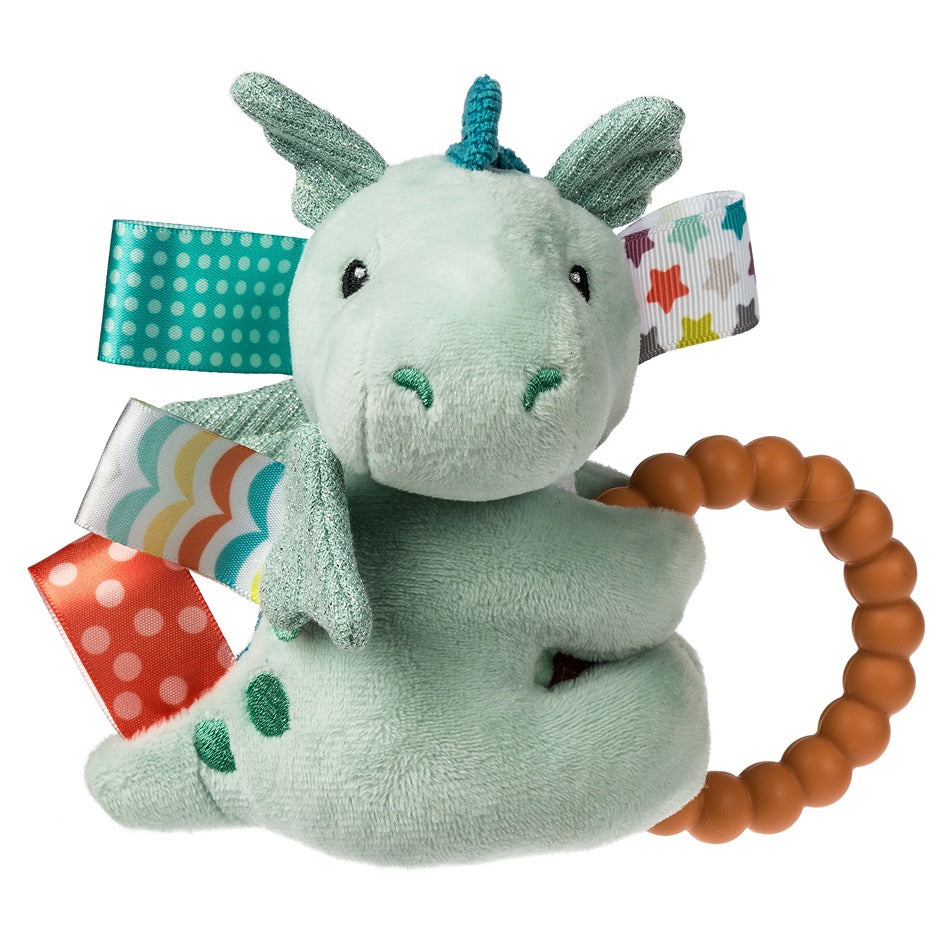Pale green soft rattle with orange teether and mutli-coloured taggies