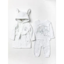 White dressing gown and two piece pyjama set from the them guess how much I love you.  Unisex, neutral colour