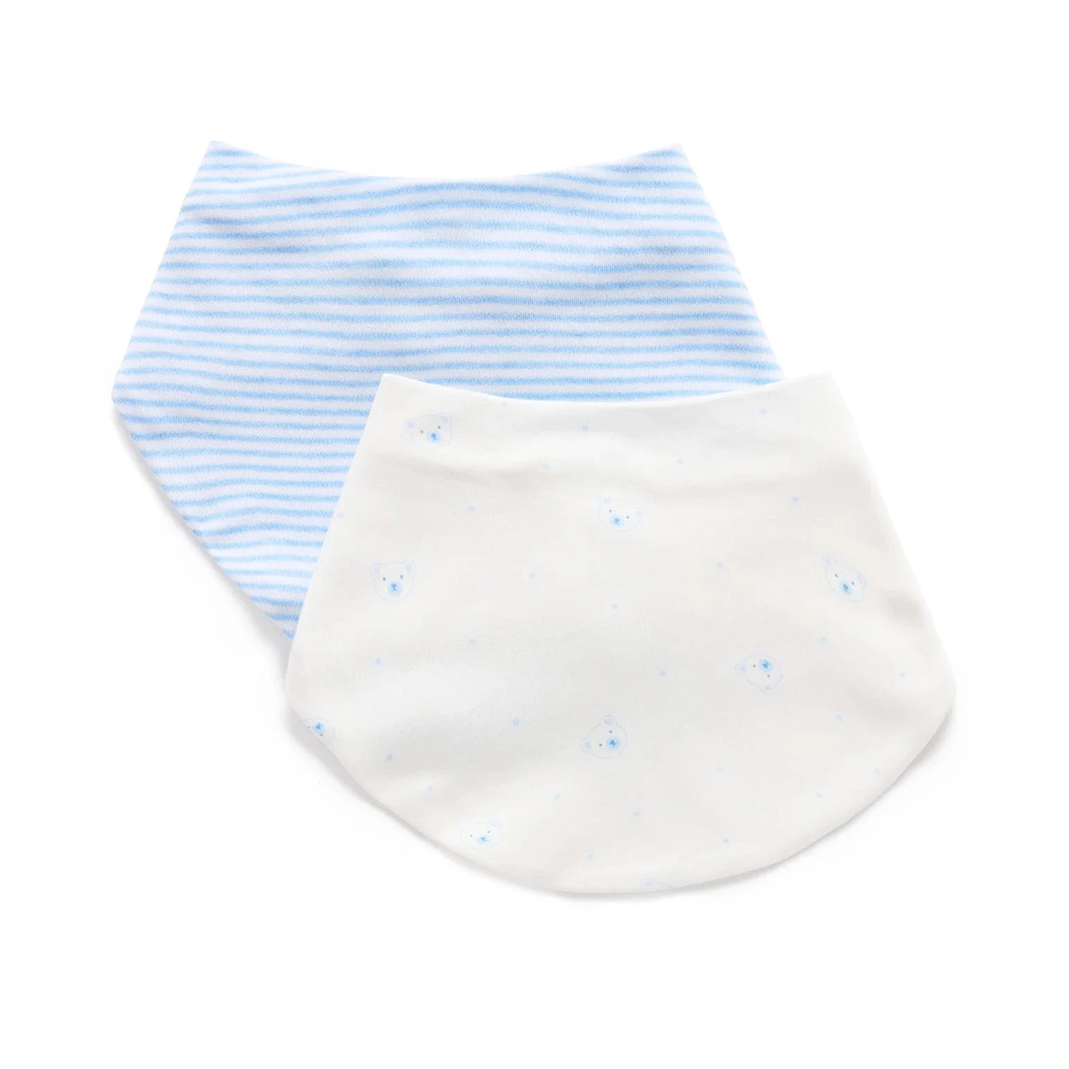Two baby bibs, one with blue stripes and the other white with blue bears