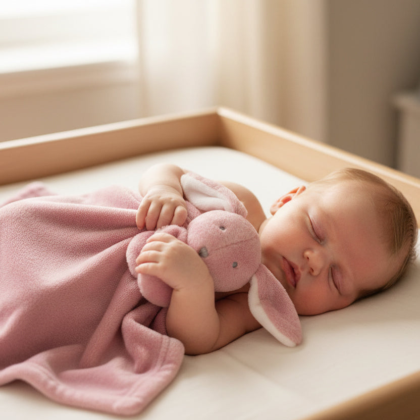 Dusky pink baby bunny comforter with soft plush fabric