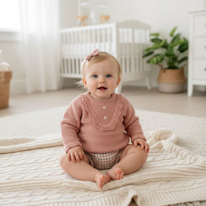 Dusky pink baby set with knitted top and checked bloomers