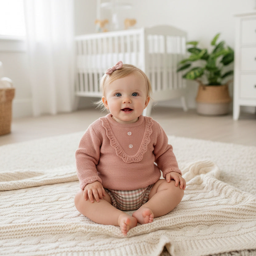 Dusky pink baby set with knitted top and checked bloomers