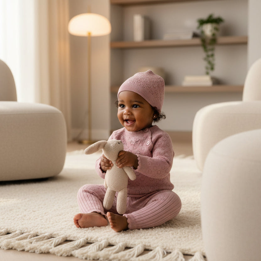Dusky pink knit baby girl outfit set with bodysuit, matching hat and ribbed leggings in soft knitted baby clothes design.