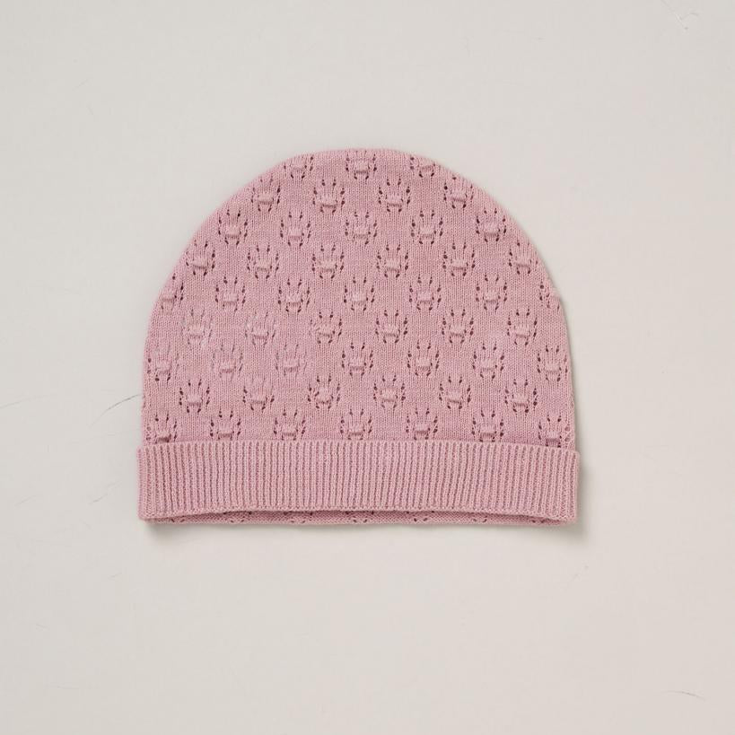 Dusky pink knitted baby girl hat with soft ribbed trim from matching baby clothes outfit set