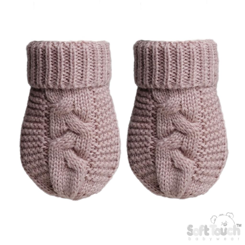 Recycled Cable Knit Mittens - Dusky Pink Baby Hat and Mitten Set