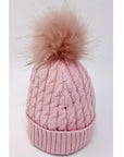 Dusky pink cable knit pom-pom hat
