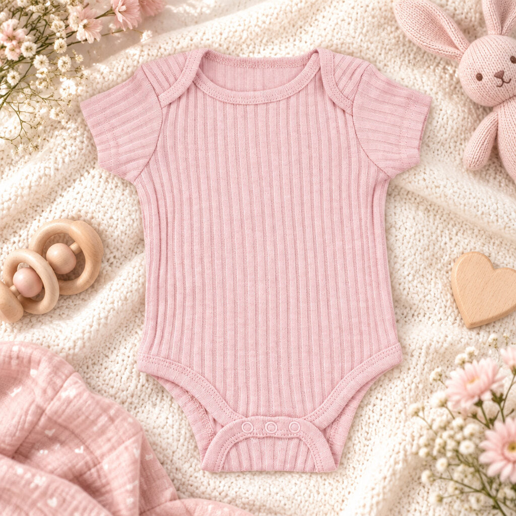 Dusky pink ribbed baby bodysuit 0-3 months with short sleeves
