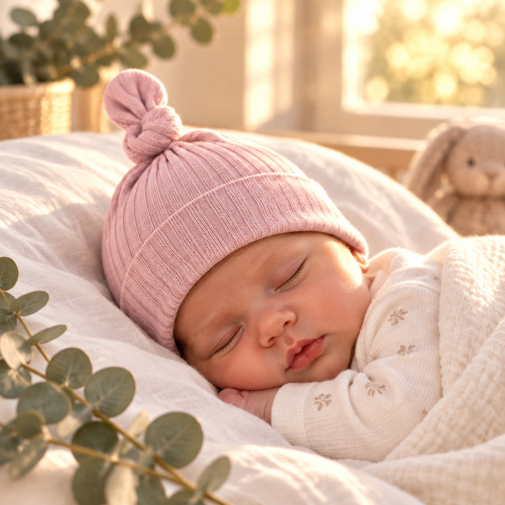 Dusky pink ribbed baby hat 0-6 months