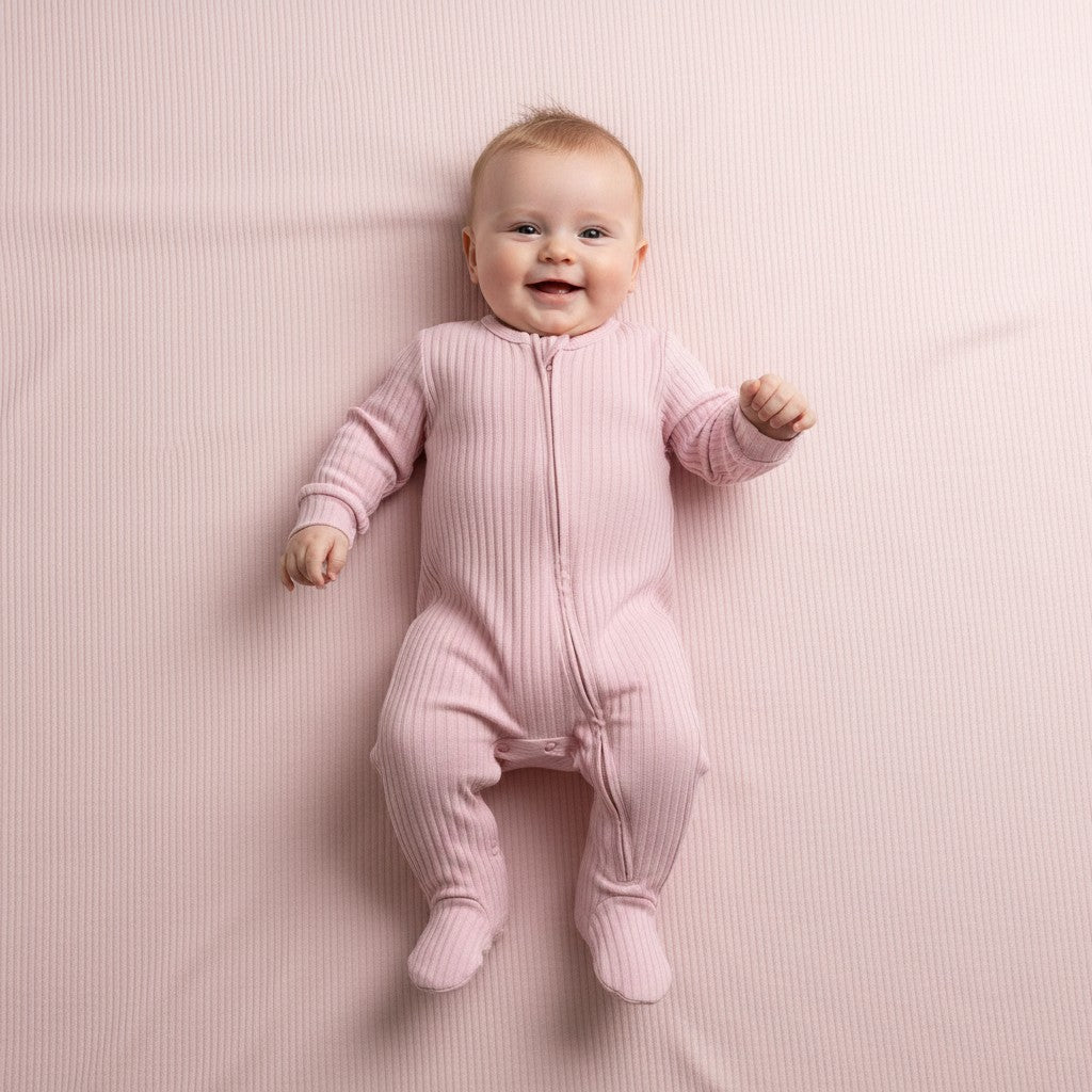 Baby wearing a dusky pink ribbed sleepsuit with front zip fastening