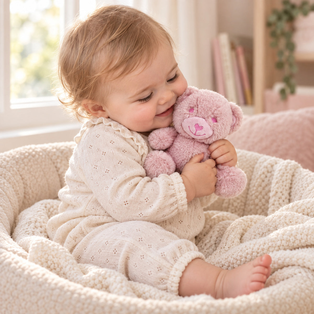 A soft cuddly 15cm teddy bear in dusky pink plusg=h
